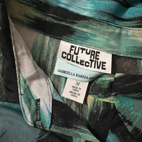 WOMENS LONG SLEEVE TOP BUTTON UP RUCHED TIE DYE SEMI SHEER FUTURE COLLECTIVE M - Picture 10 of 10